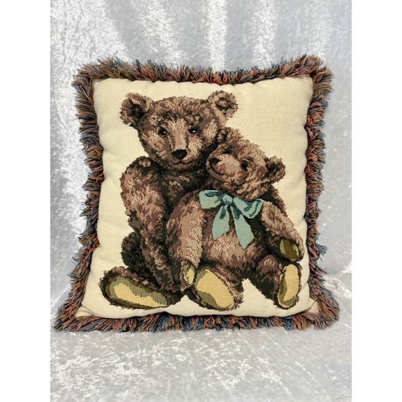 Dakotah Other - Vintage Dakotah Teddy Bear Woven Tapestry Throw Pillow Fringed Cream 12" x 13"